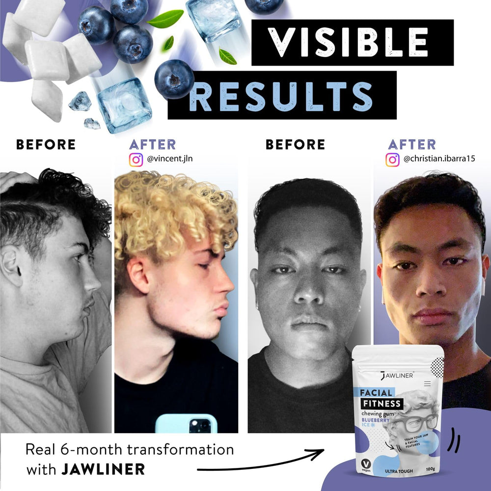 Jawliner facial muscle training visuals suggesting workouts