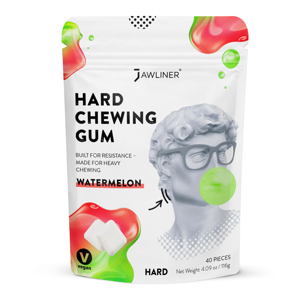 Jawliner watermelon's packaging highlights a premium, reusable gum for facial workouts.