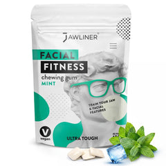 Jawliner packaging with resealable bag for convenient daily jawline training.