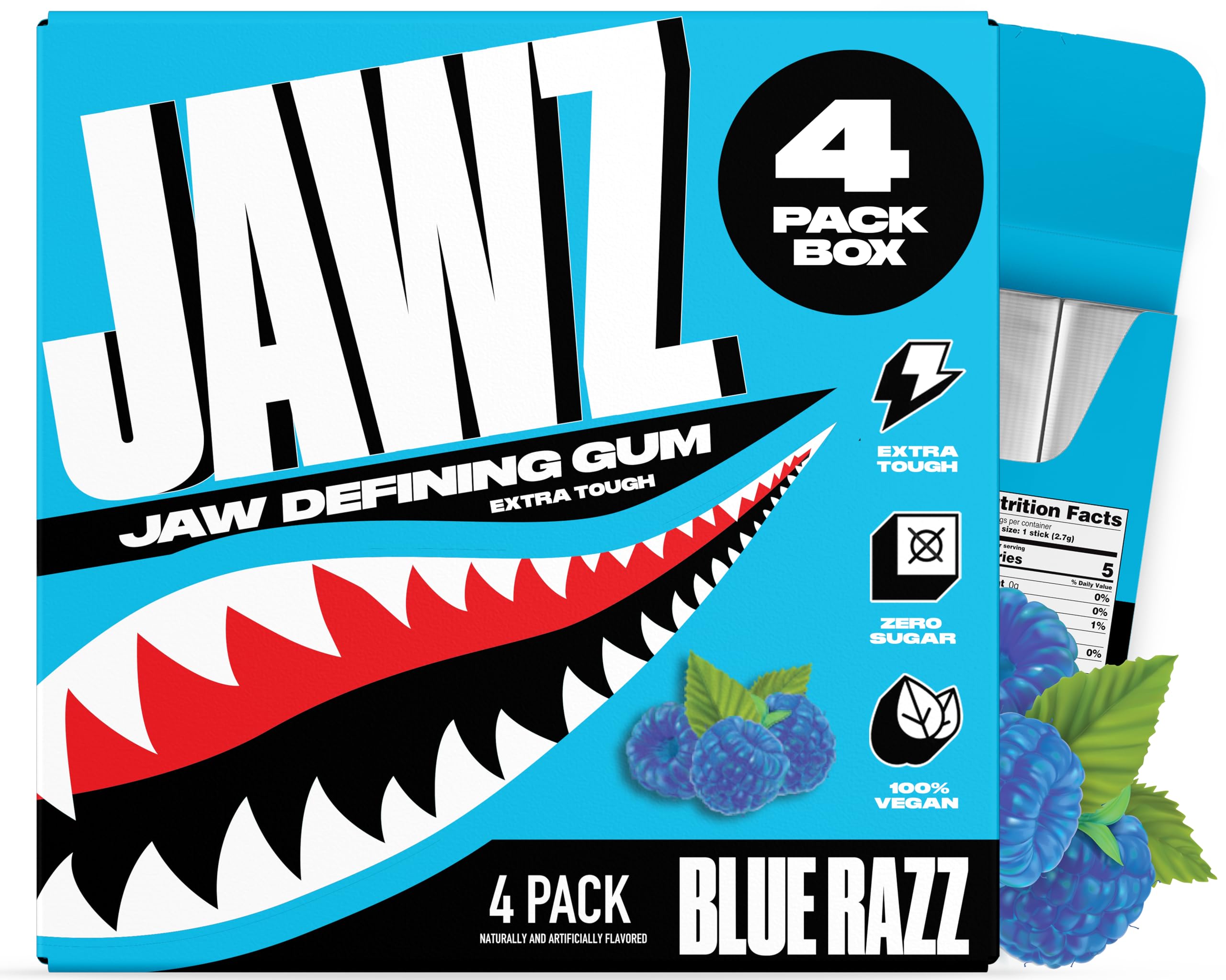 Jawz Gum 4-pack Blue Razz box for daily jawline routines.
