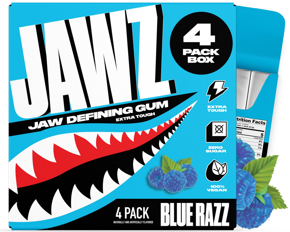 Jawz Gum 4-pack Blue Razz box for daily jawline routines.