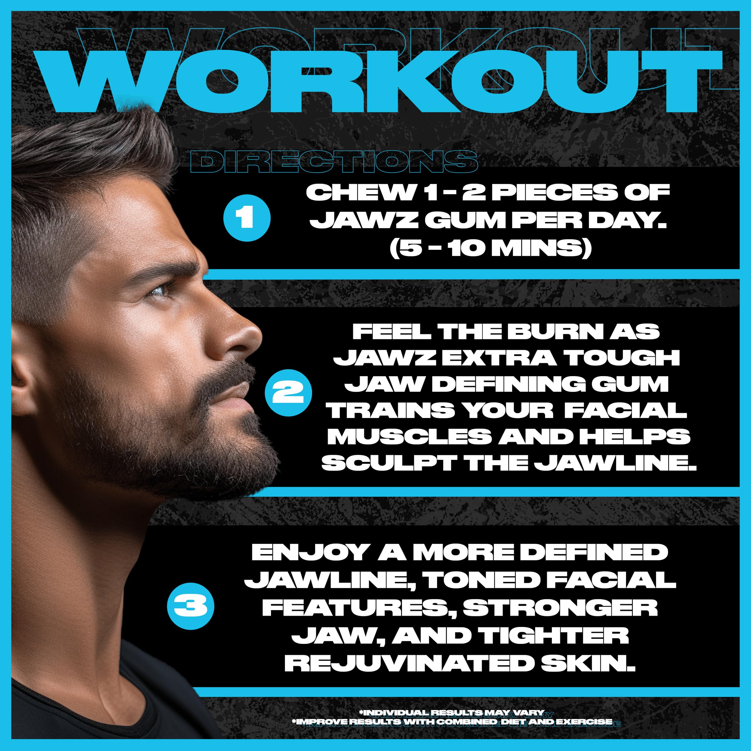 Jawz Gum facial toning demonstrates muscle engagement for a refreshed look.