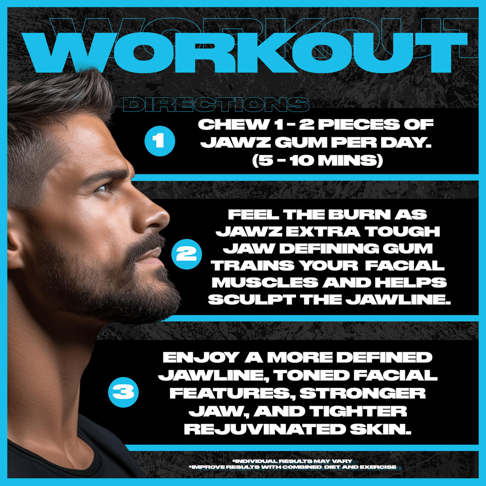 Jawz Gum facial toning demonstrates muscle engagement for a refreshed look.