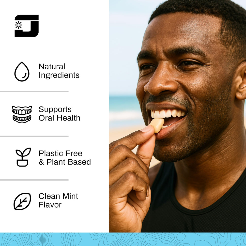 Mint flavor gum in use demonstrates gum hard chew for jaw strengthening potential.
