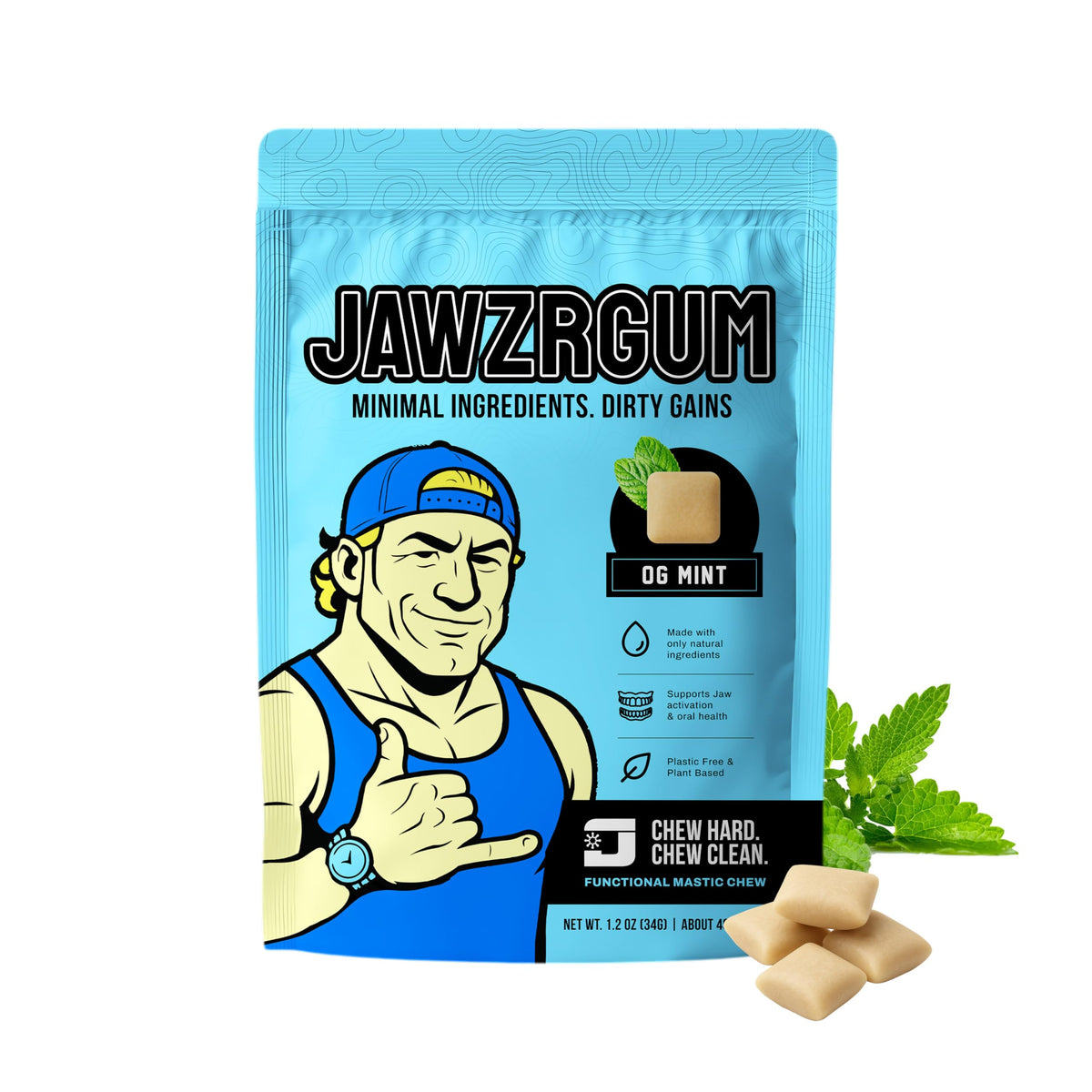 Jawzrsize OG Mastic Gum mint packaging highlights natural jawline exercise and fresh breath.