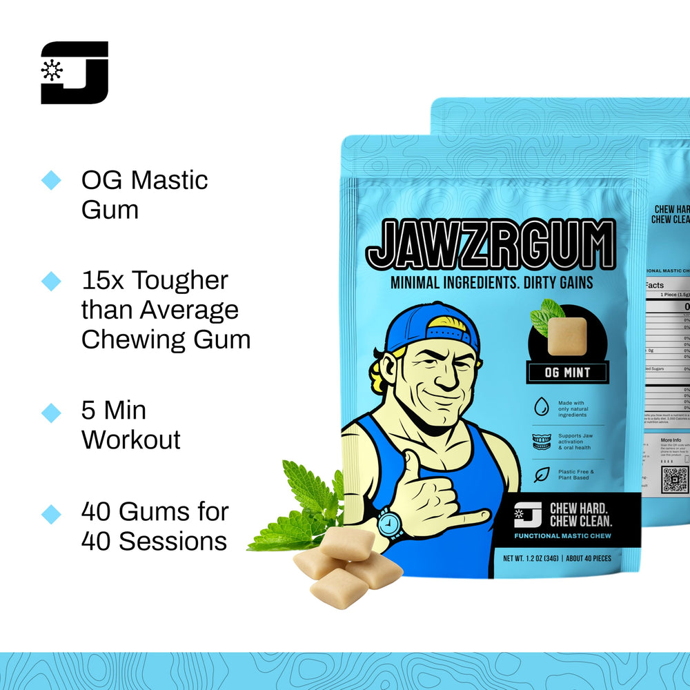 Jawzrsize OG Mastic Gum NAHA minerals packaging highlights tooth-friendly support.