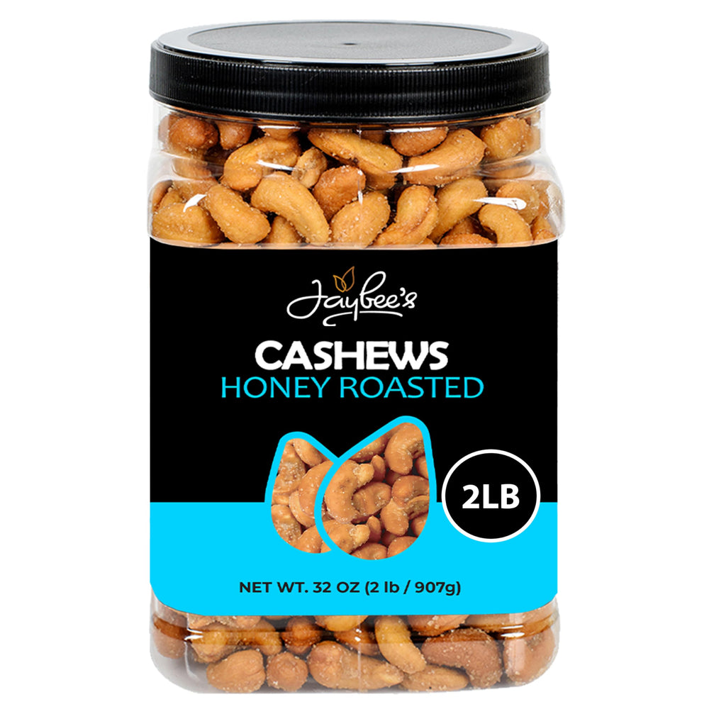 Jaybee's Honey Roasted Cashews in a 32 oz container for sharing and freshness.