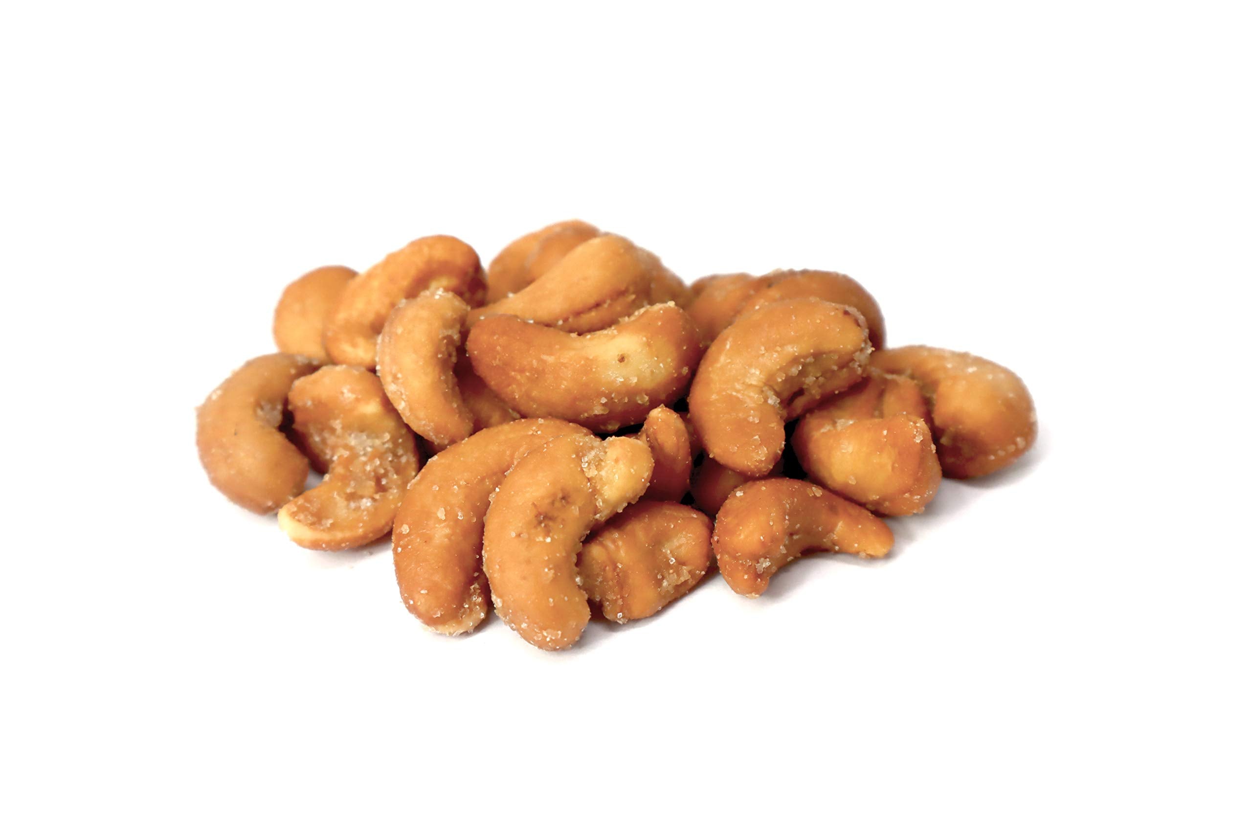 Jaybee's Honey Roasted Cashews close-up reveals golden coating and crunchy texture.