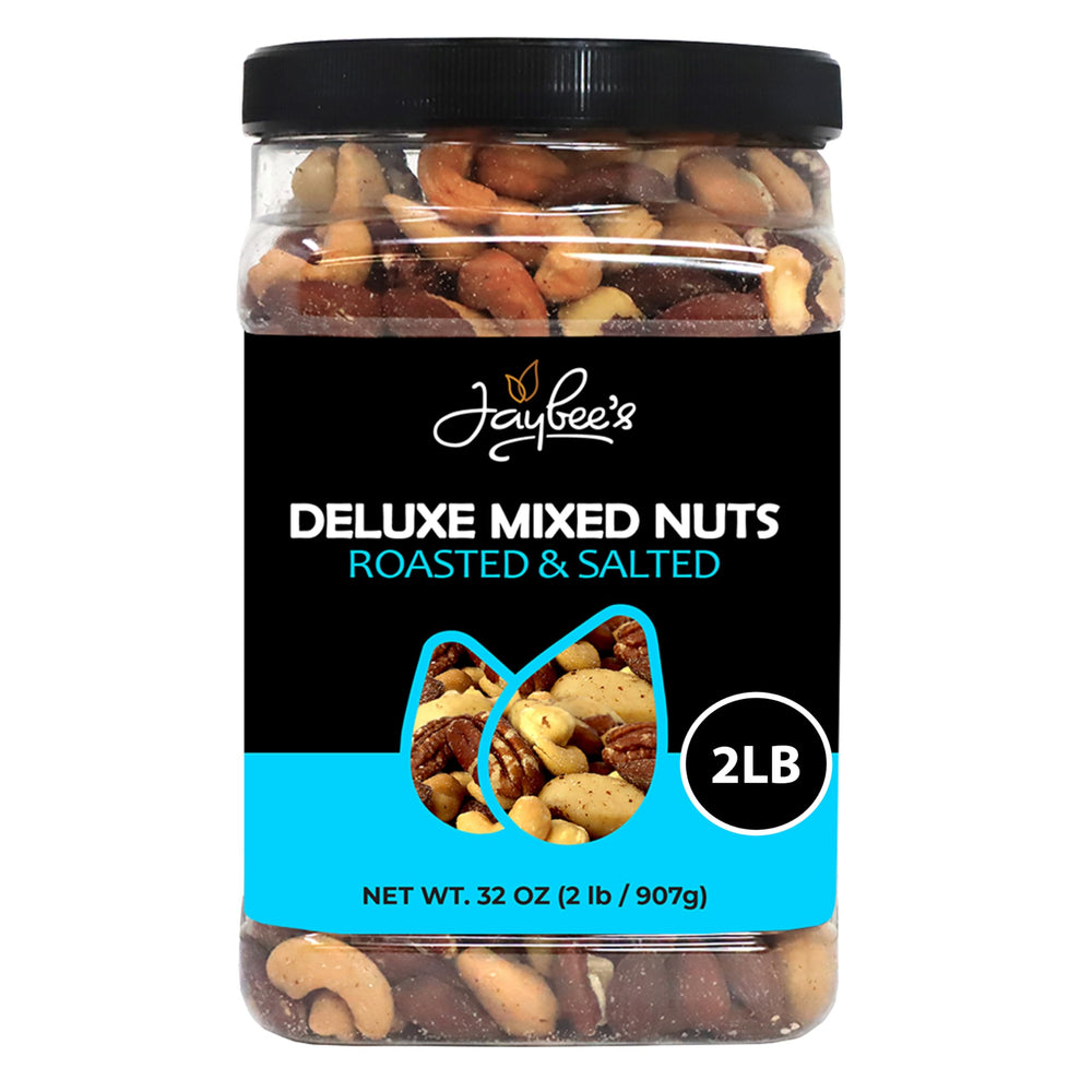 Jaybee's Mixed Nuts Deluxe jar front, premium roasted and salted variety for a quick, satisfying snack.