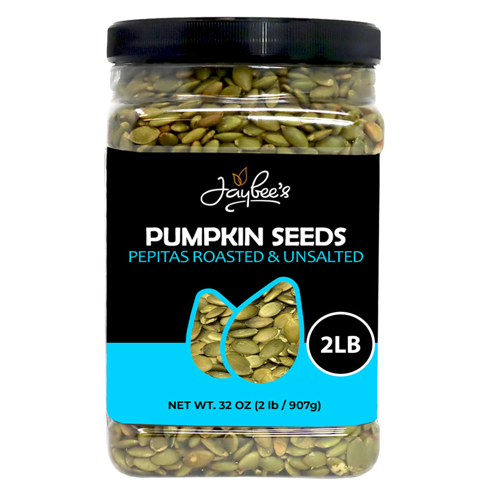 Jaybee's pumpkin seeds pepitas roasted unsalted in a 32 oz container, perfect for healthy snacking.