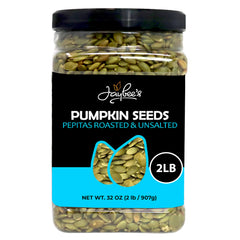 Jaybee's pumpkin seeds pepitas roasted unsalted in a 32 oz container, perfect for healthy snacking.