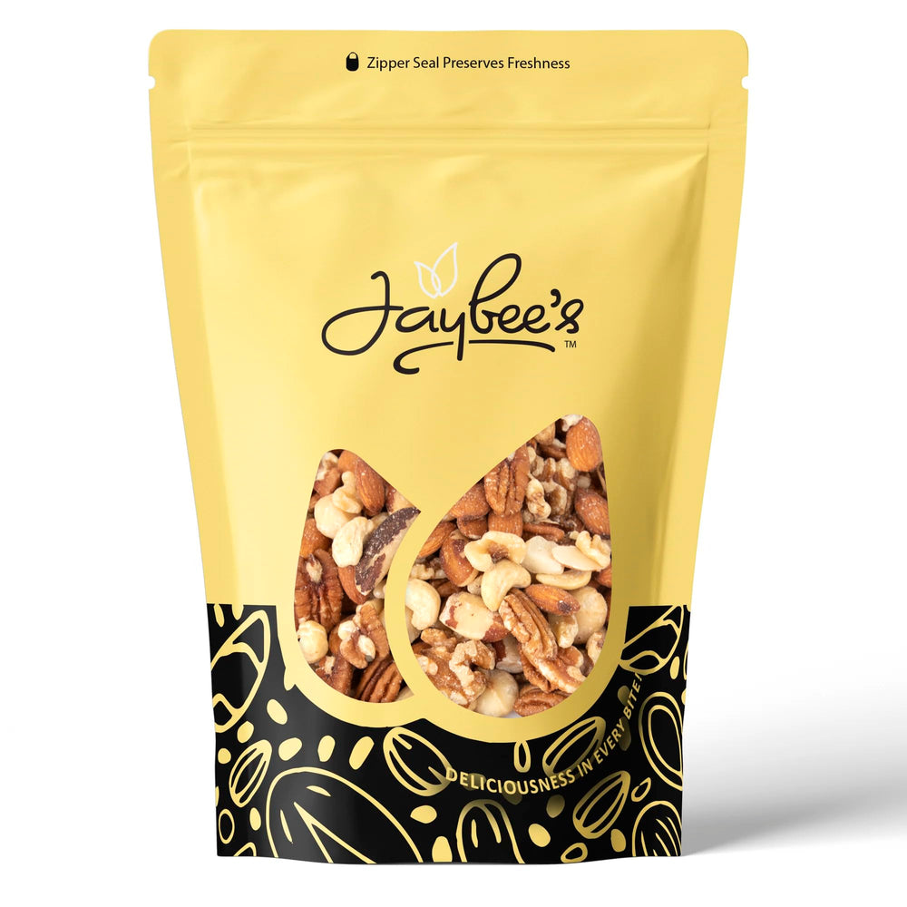 Jaybee's Raw Deluxe Mixed Nuts—almonds in a premium unsalted blend ideal for snacking