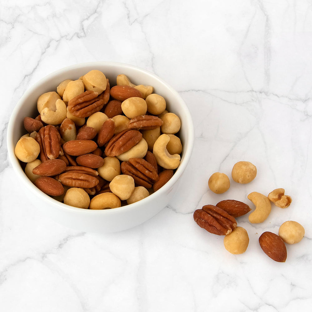 Jaybee's Raw Deluxe Mixed Nuts—macadamias offer buttery bite in an unsalted blend
