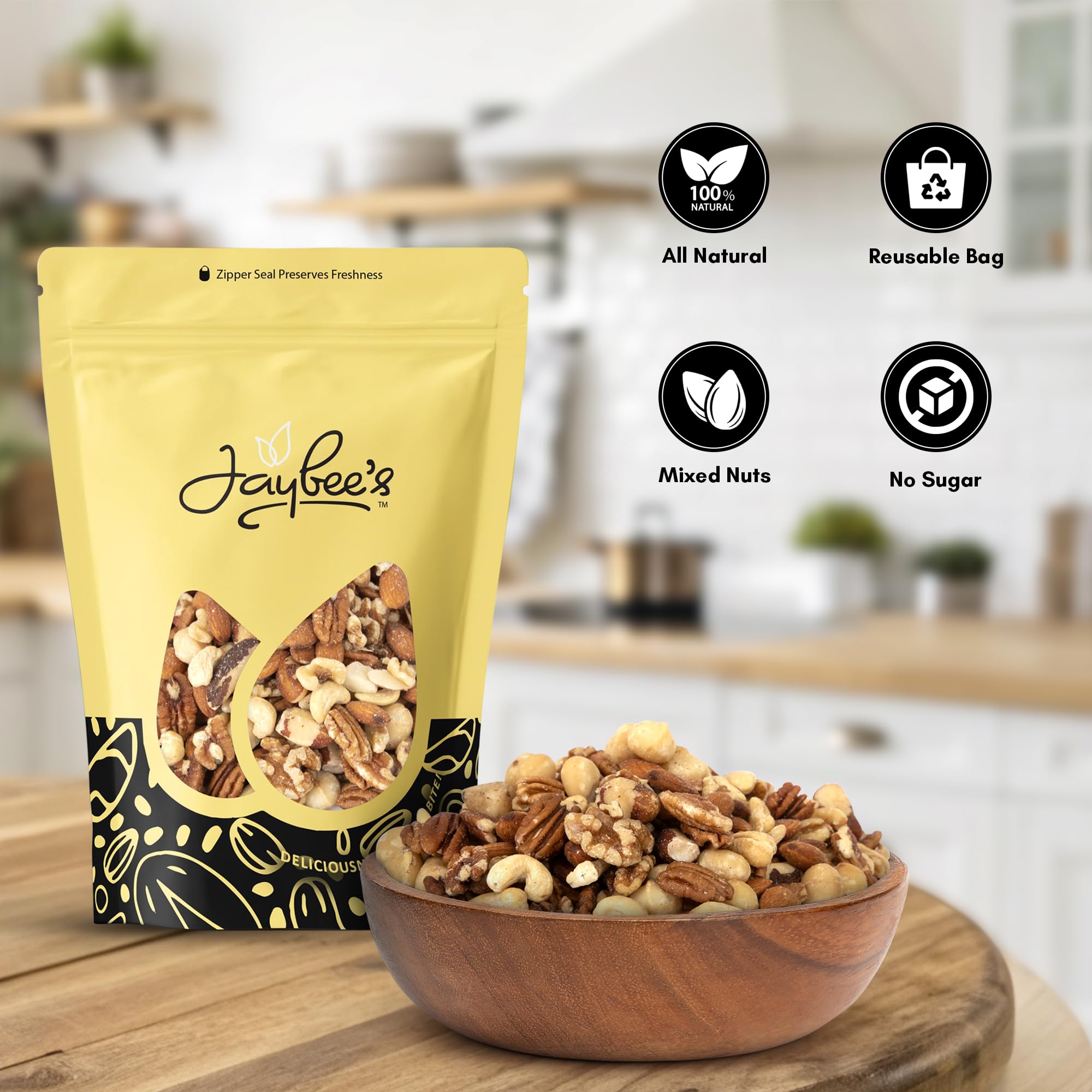 Jaybee's Raw Deluxe Mixed Nuts—pecans add crunch in a rich unsalted mix