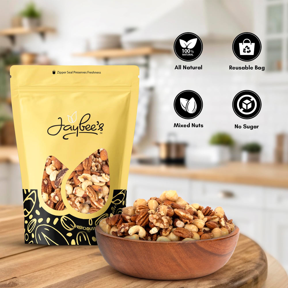 Jaybee's Raw Deluxe Mixed Nuts—pecans add crunch in a rich unsalted mix