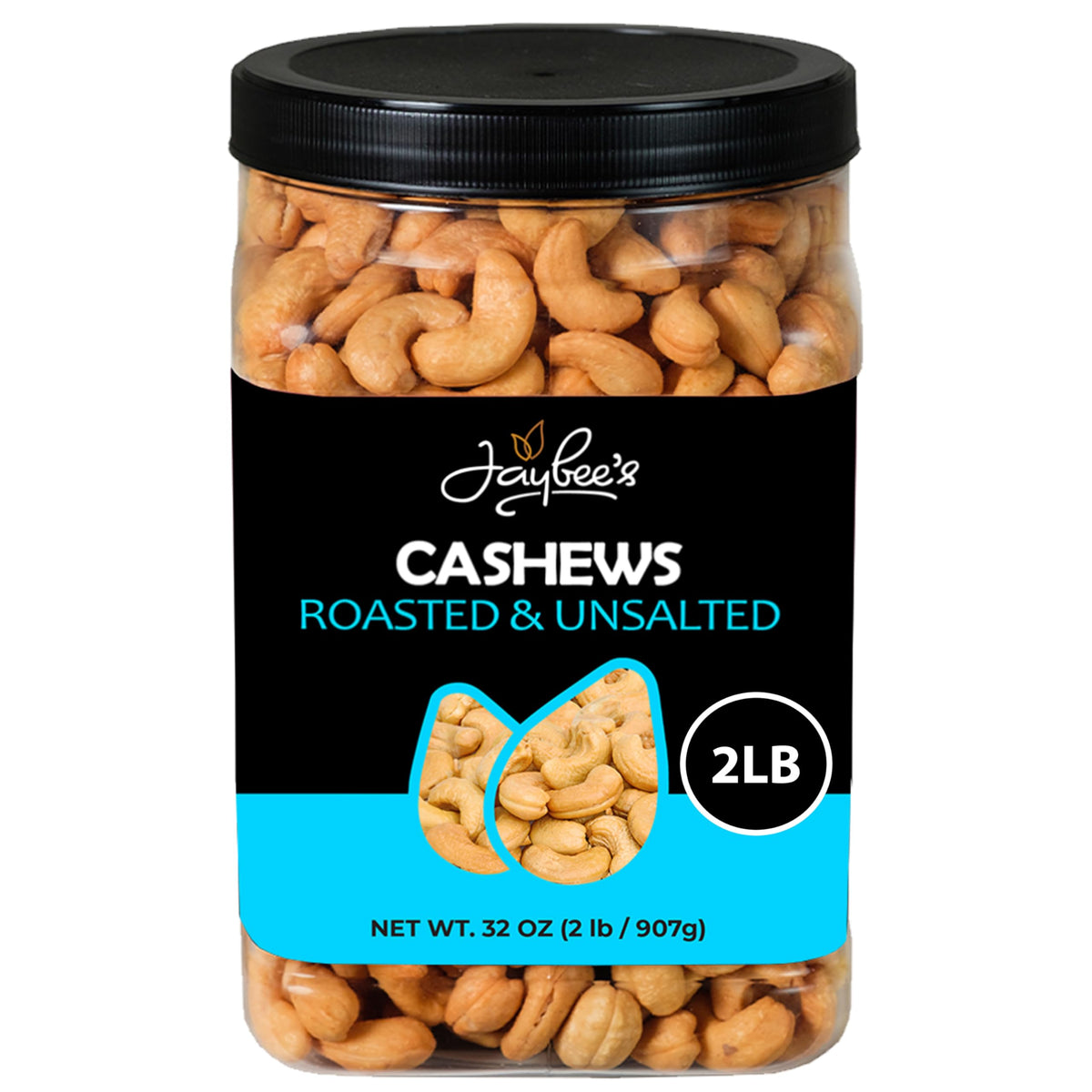 Jaybee's Roasted Cashews jar front view for convenient on-the-go snacking.
