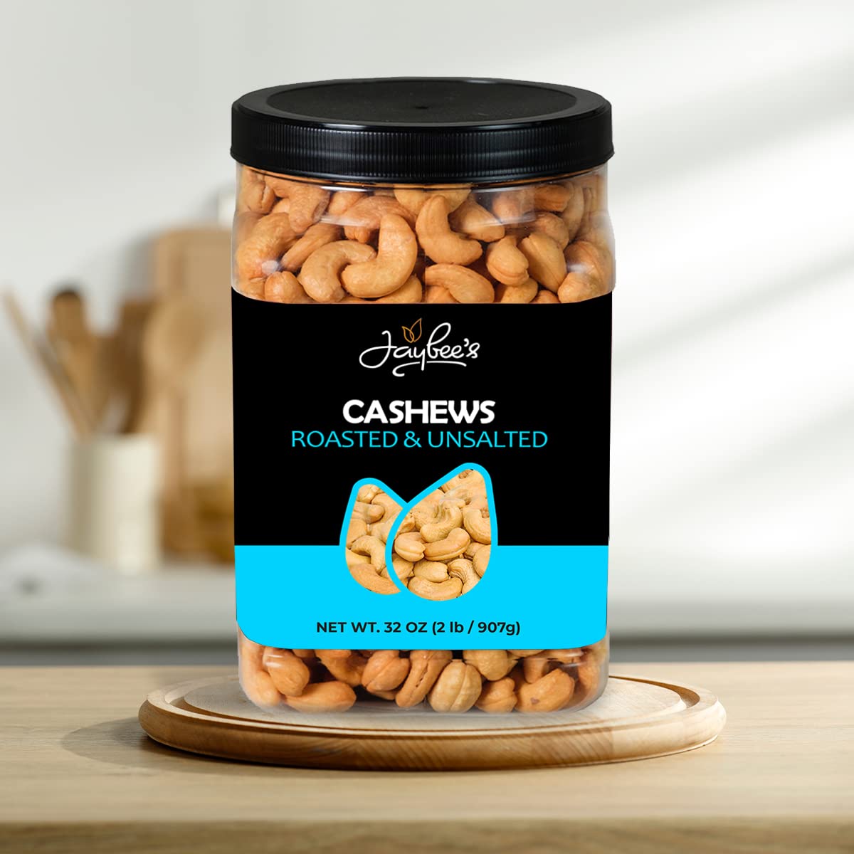 Kitchen shelf with Jaybee's cashews ready to boost meals.