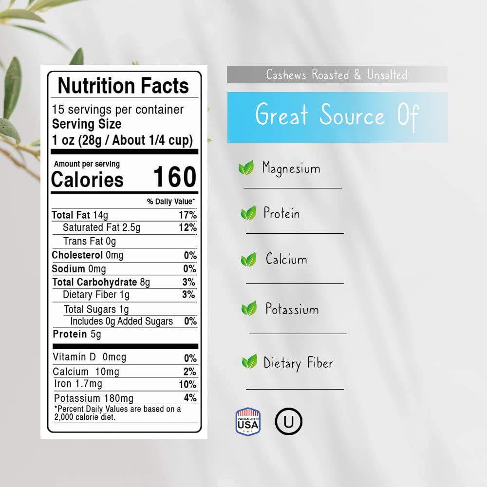 Nutrition label close-up on Jaybee's cashews container for ingredient checks.