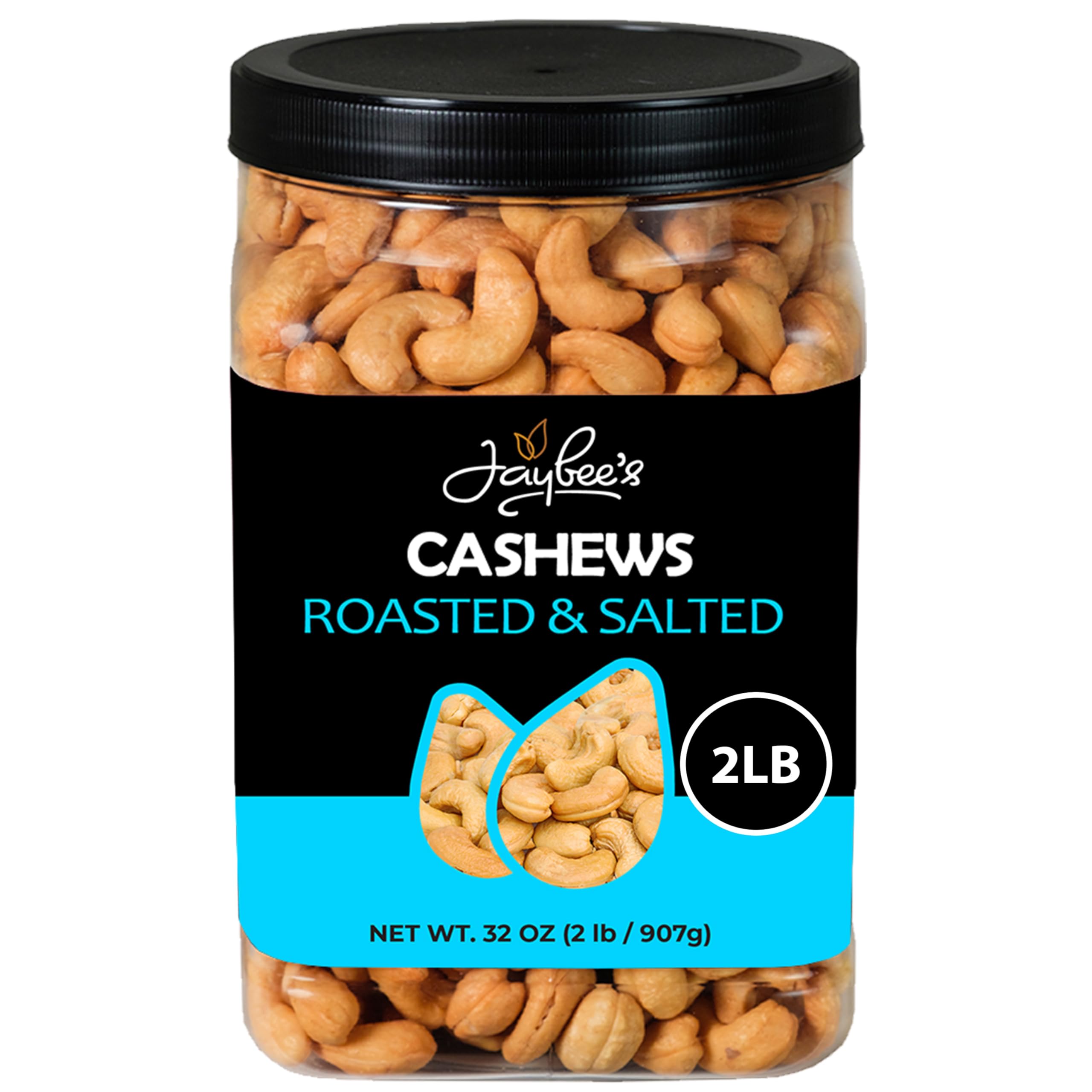 Jaybee's Roasted Salted Cashews jar close-up, showcasing a protein-rich snack option