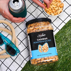 Jaybee's Roasted Salted Cashews in a snack bowl display, perfect for quick crunch