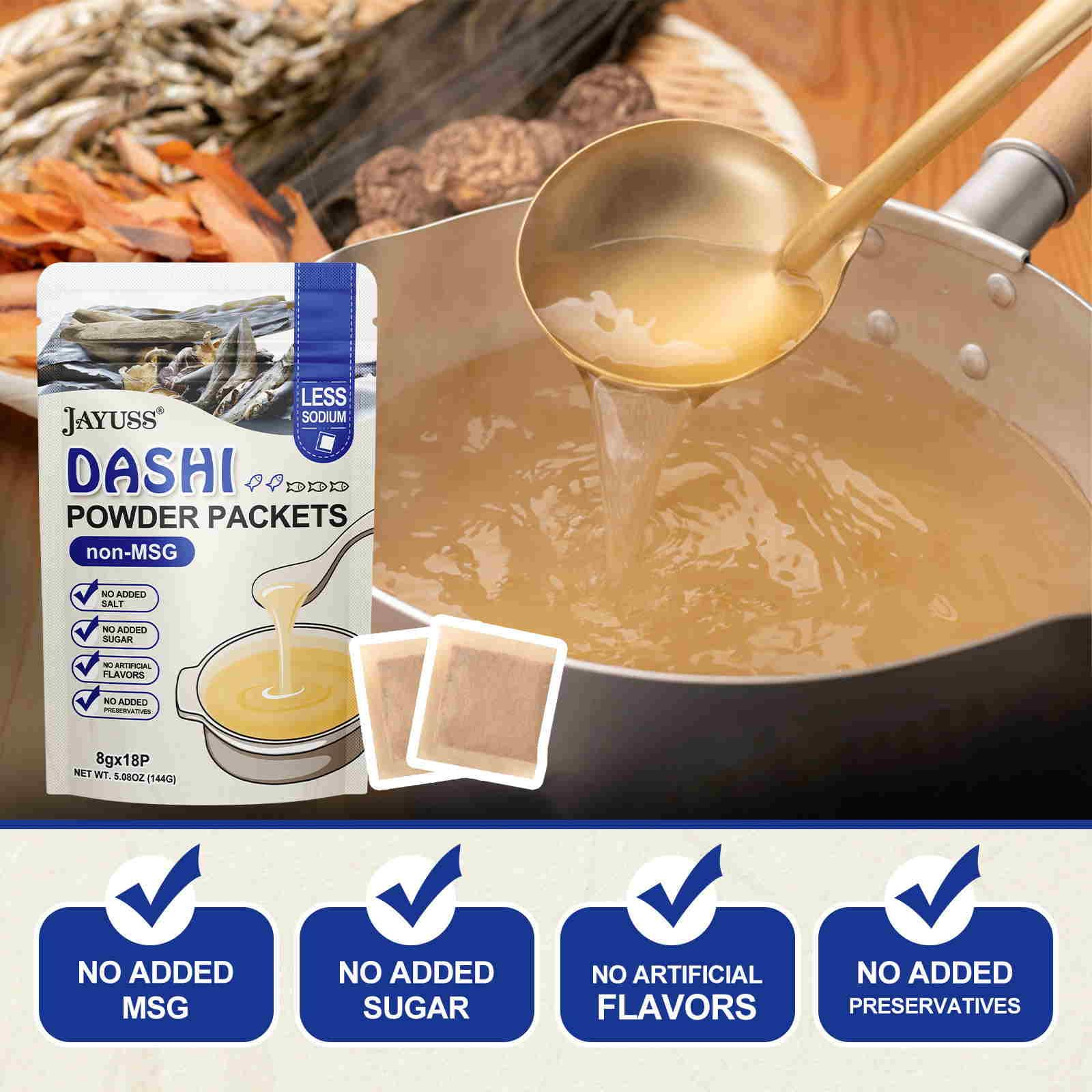 Jayuss Dashi powder dissolving in hot water to create a savory stock