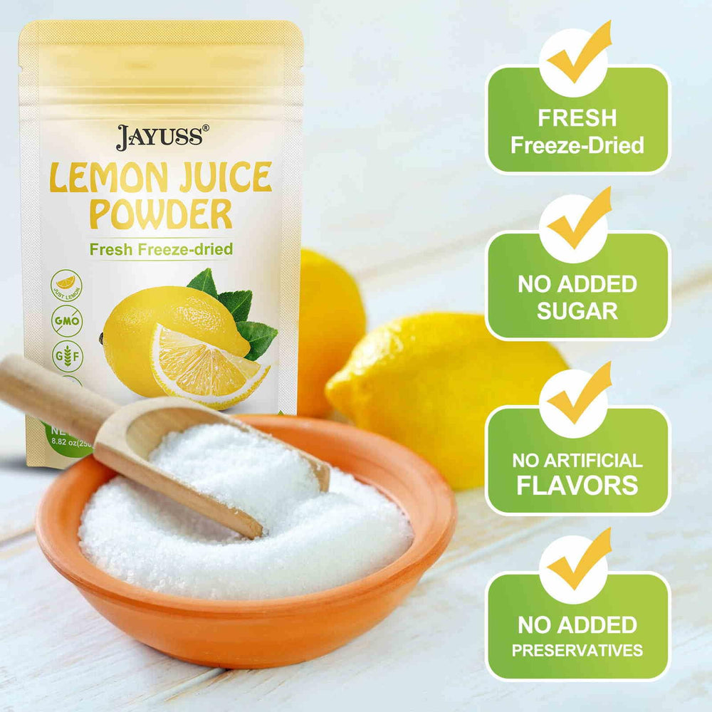 Jayuss Lemon Powder dissolves in water for refreshing, sugar-free hydration.