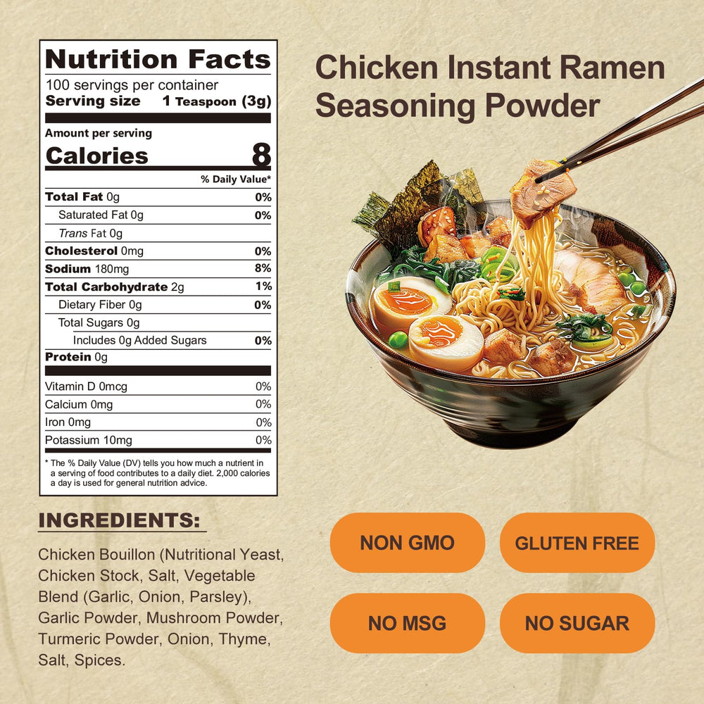 Jayuss ramen seasoning powder pack back shows ingredients and sodium info for mindful cooking.