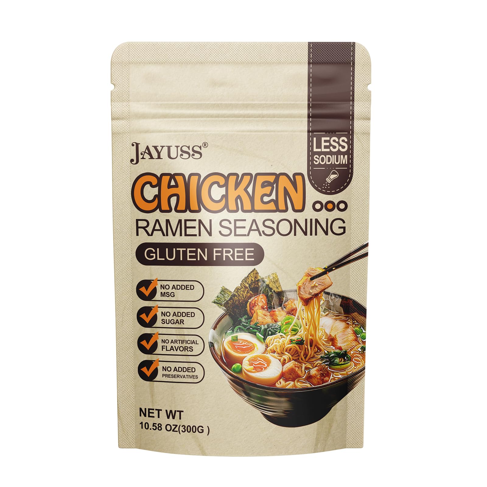 Jayuss ramen seasoning powder pack front view shows gluten-free, non-GMO formula for flavorful meals.