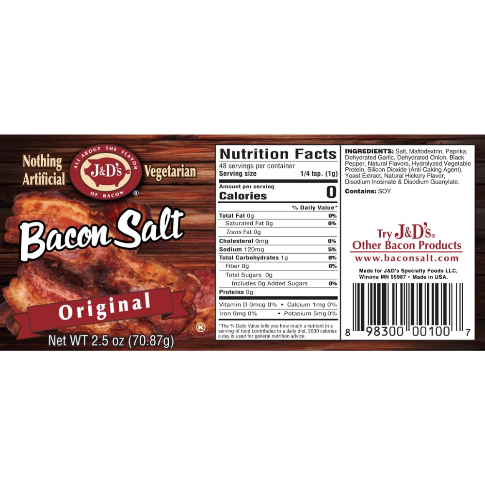 Close-up of J&D's Bacon Salt Original packaging with kosher certification