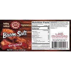 Close-up of J&D's Bacon Salt Original packaging with kosher certification