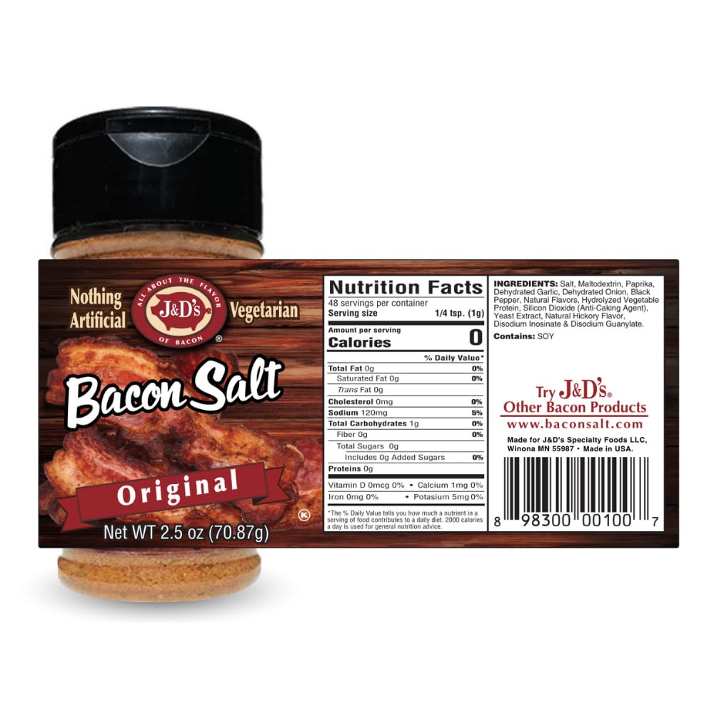 J&D's Bacon Salt Original shaker, easy to sprinkle on eggs and potatoes