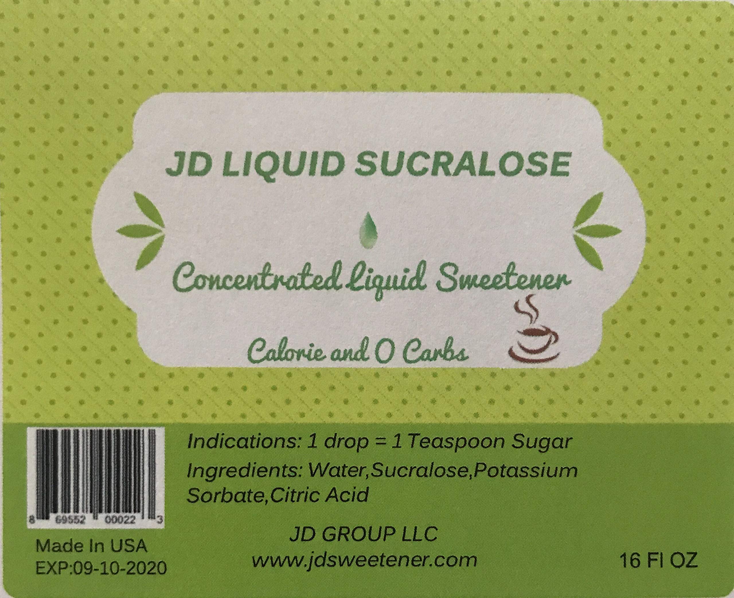 JD Sweetener liquid sucralose pour shows zero calories, ideal for coffee and tea