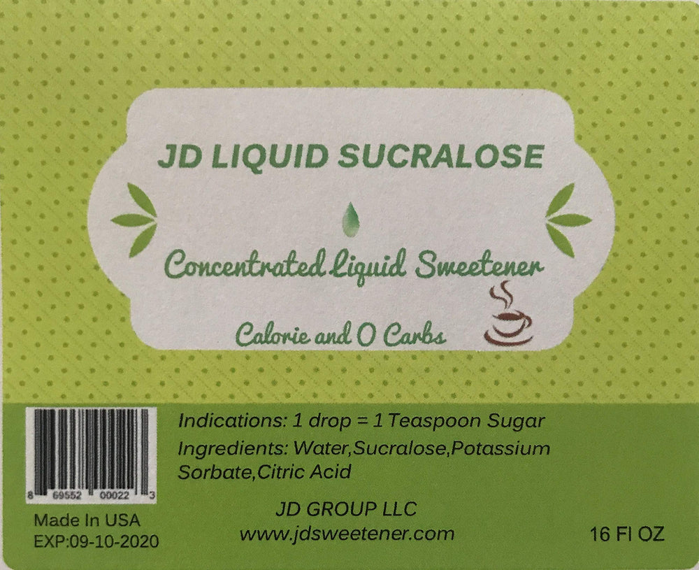 JD Sweetener liquid sucralose pour shows zero calories, ideal for coffee and tea