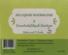 JD Sweetener liquid sucralose pour shows zero calories, ideal for coffee and tea