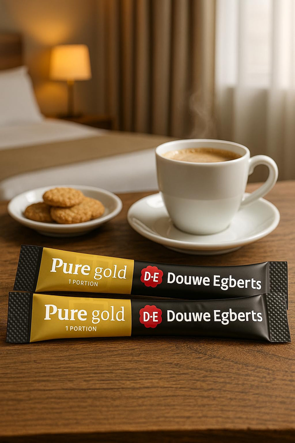 Hotel room setup with Douwe Egberts Pure Gold sachets.