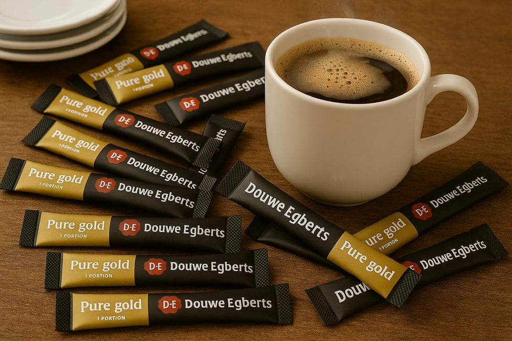 Office break area stocked with Douwe Egberts Pure Gold sticks.