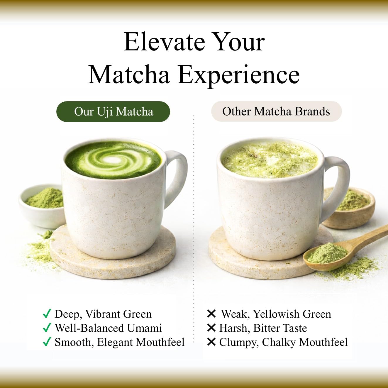JEAU CHAU hot matcha latte with steam rising.