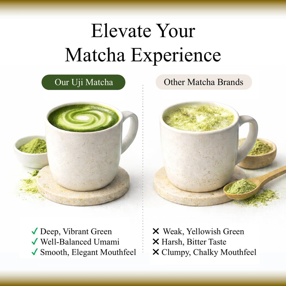 JEAU CHAU hot matcha latte with steam rising.
