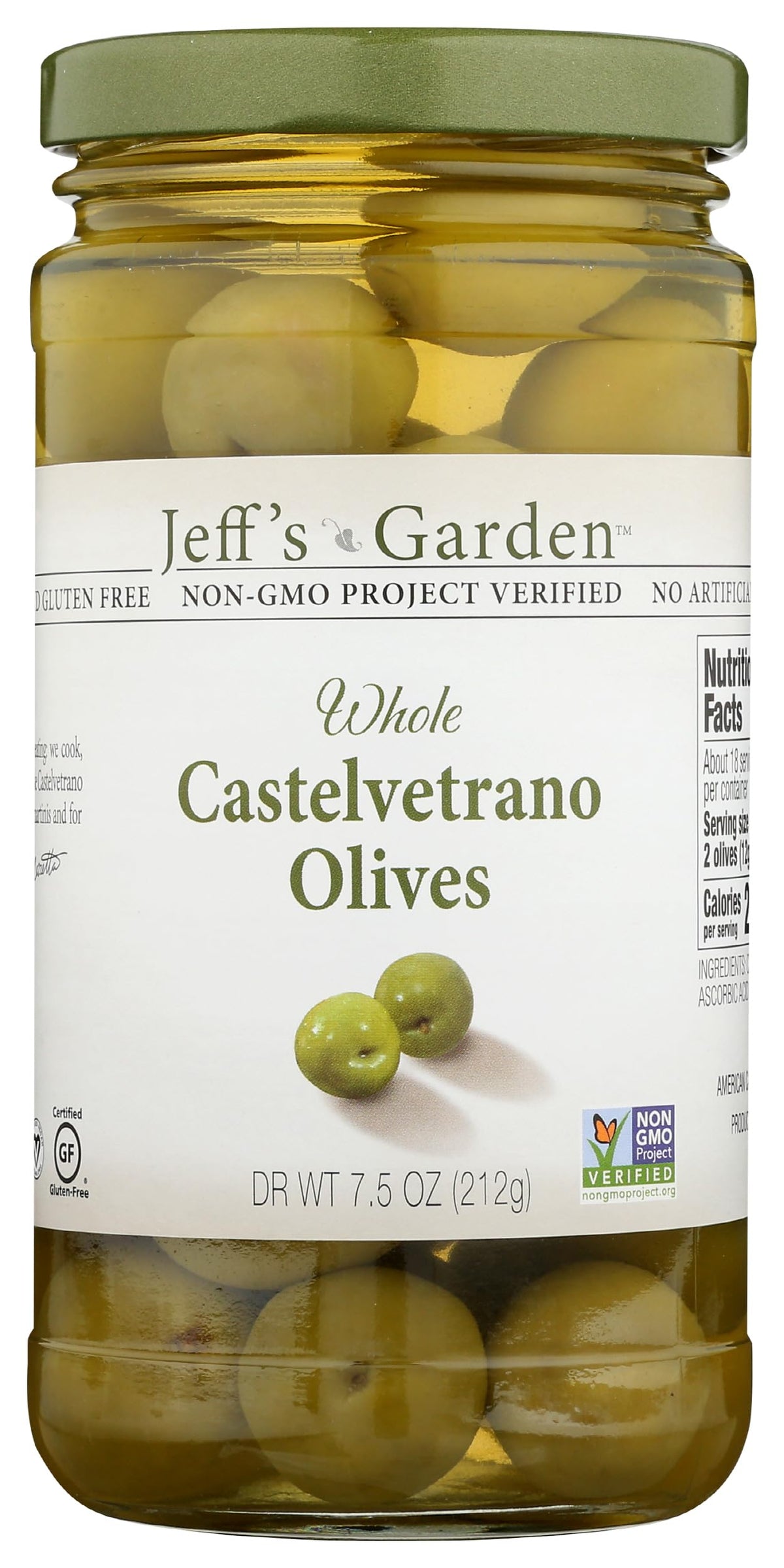 Jeff's Garden Castelvetrano olives in a jar with mild brine, ideal for antipasti.