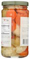 Jeff's Garden Giardiniera 12oz brine glass jar emphasizes savory brine and versatility.