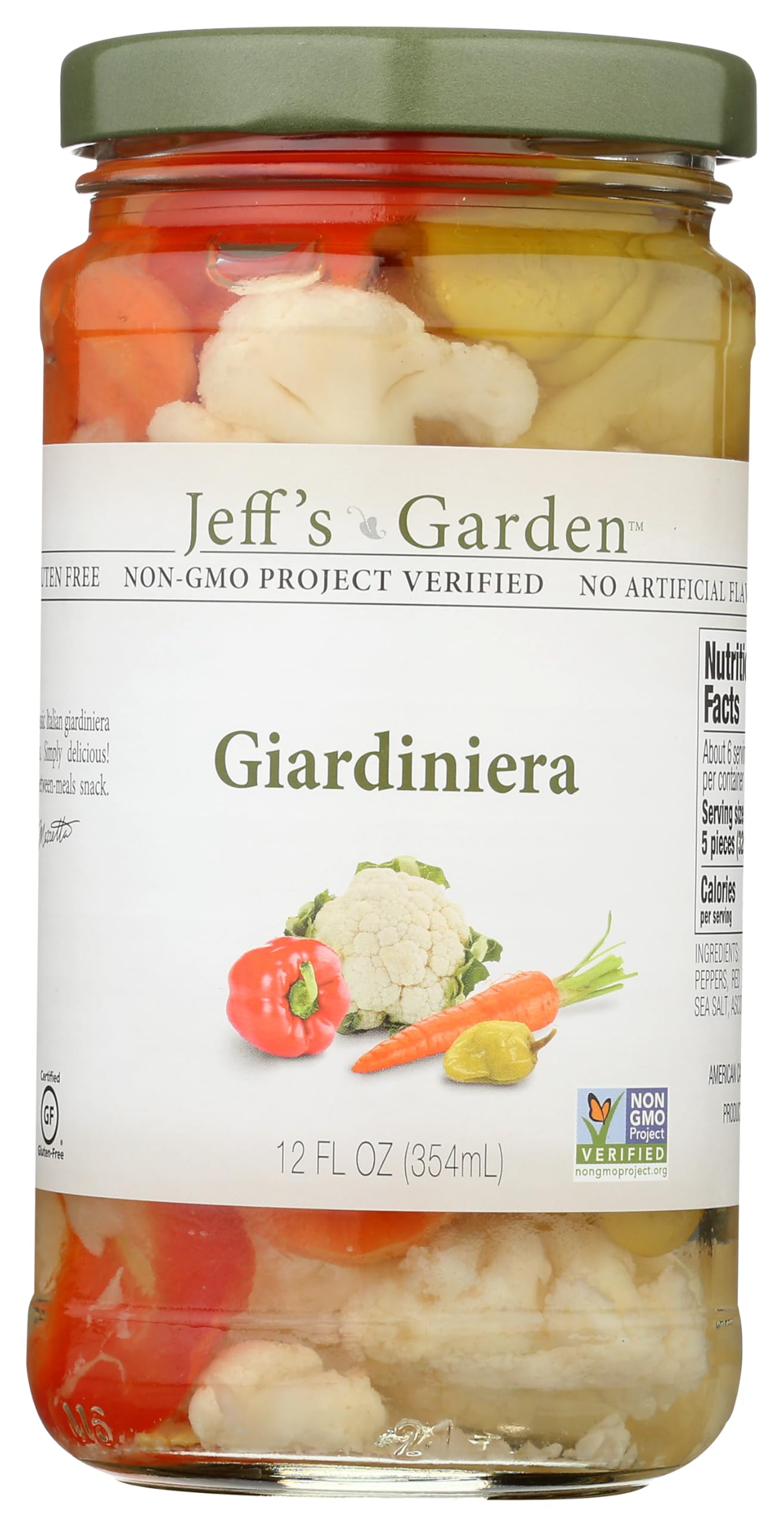 Jeff's Garden Giardiniera 12oz jar shows crunchy vegetables ideal for sandwiches.