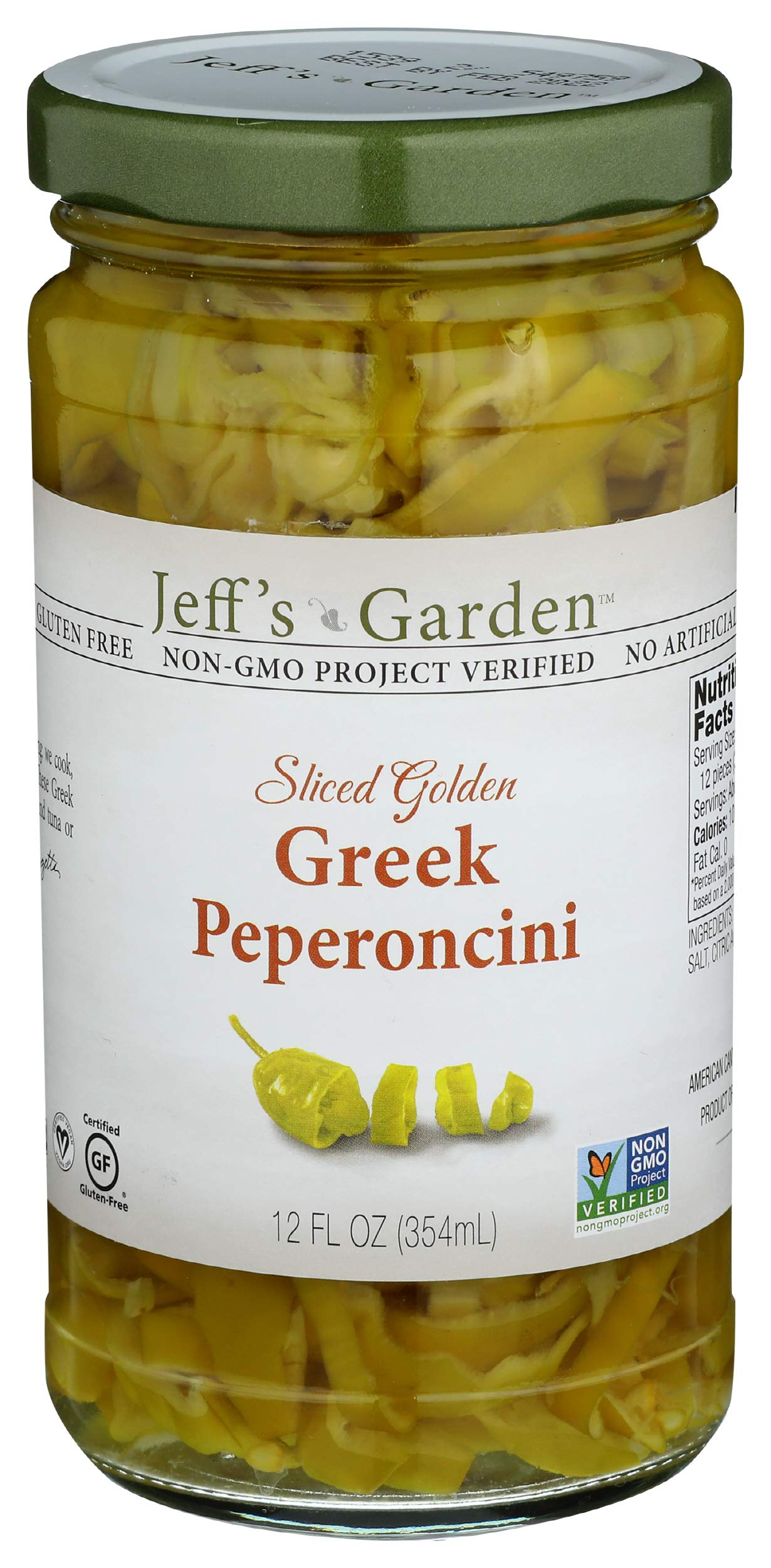 Jeff's Naturals peperoncini sliced golden jar highlighting premium tanginess for Mediterranean meals.
