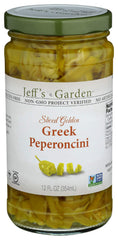 Jeff's Naturals peperoncini sliced golden jar highlighting premium tanginess for Mediterranean meals.