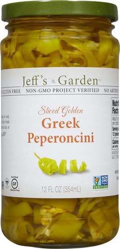 Jeff's Naturals peperoncini sliced golden bottle shelf shows convenient, ready-to-use pepper slices.