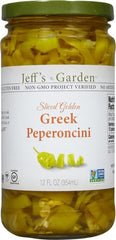 Jeff's Naturals peperoncini sliced golden bottle shelf shows convenient, ready-to-use pepper slices.