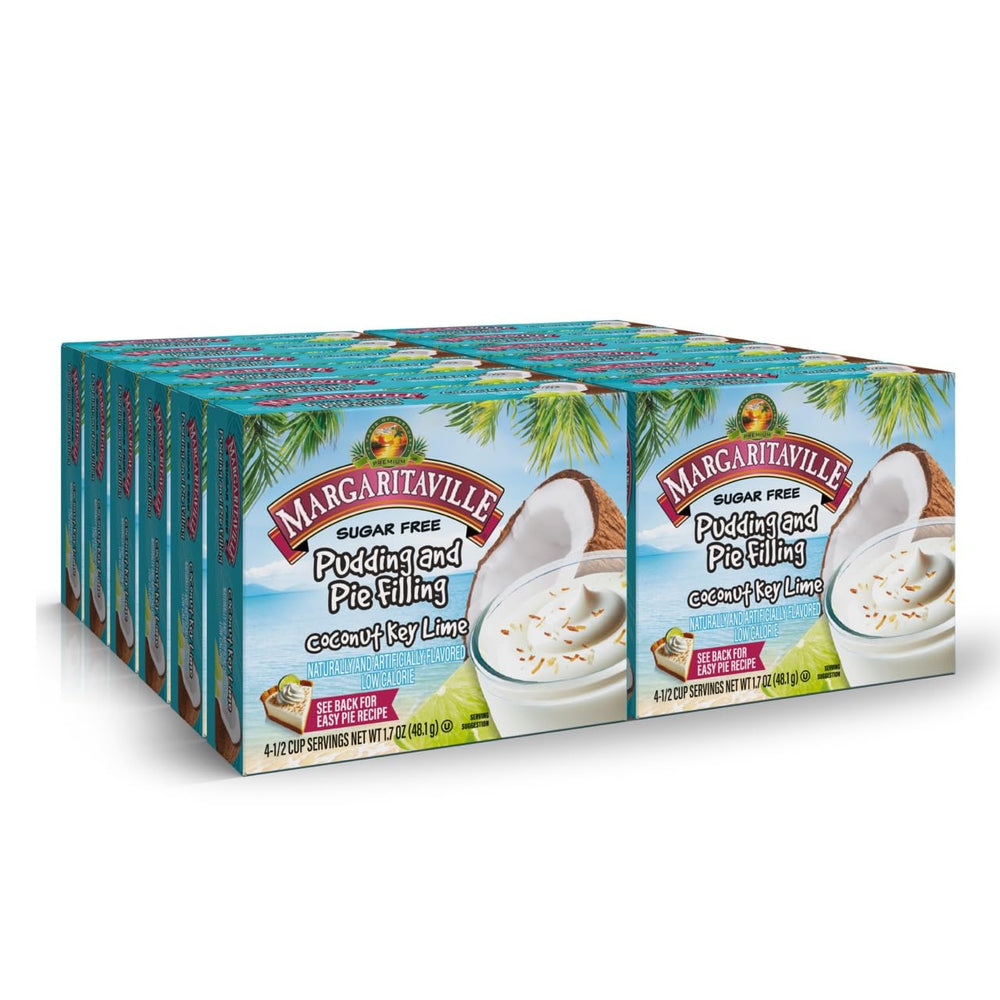 Margaritaville coconut key lime pudding box front showing tropical flavor and sugar-free option