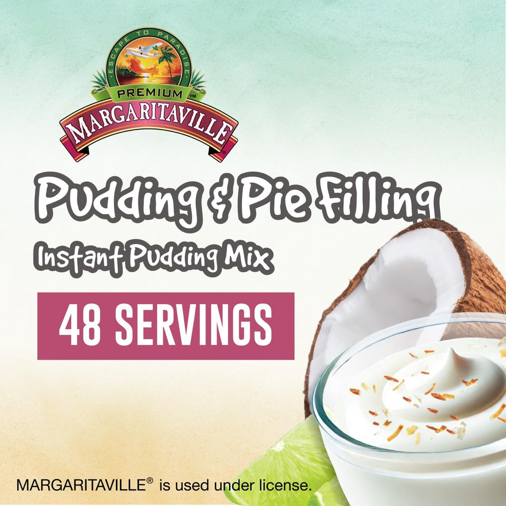 Margaritaville pudding dry mix packet indicating four servings for easy tropical treats