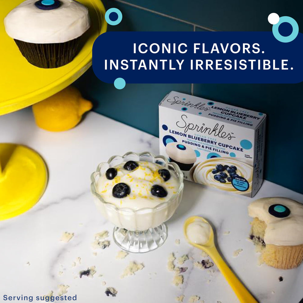JEL SERT Sprinkles Lemon Blueberry Cupcake Pudding Mix serves as a cold, refreshing snack.
