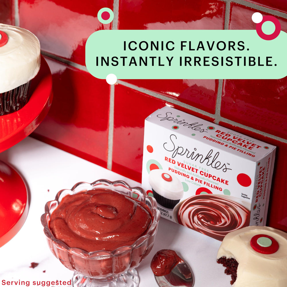 JEL SERT Sprinkles Red Velvet pudding mix shown in dessert cups for easy serving.