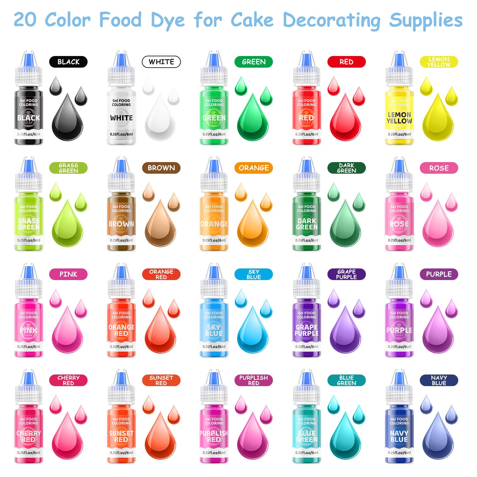 Jelife color swatches show a wide 20-color range for baking projects.